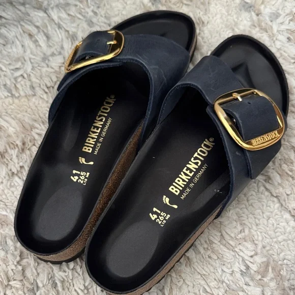 Birkenstock Navy Sandals with Gold Buckle - Picture 1 of 3